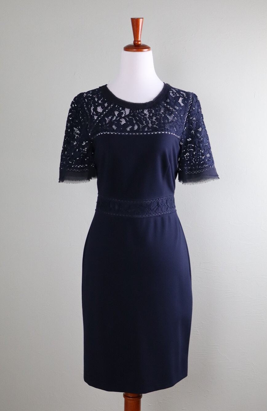REBECCA TAYLOR Navy Ponte Stretch Semi Sheer Waist Lace Trim Dress Size 6